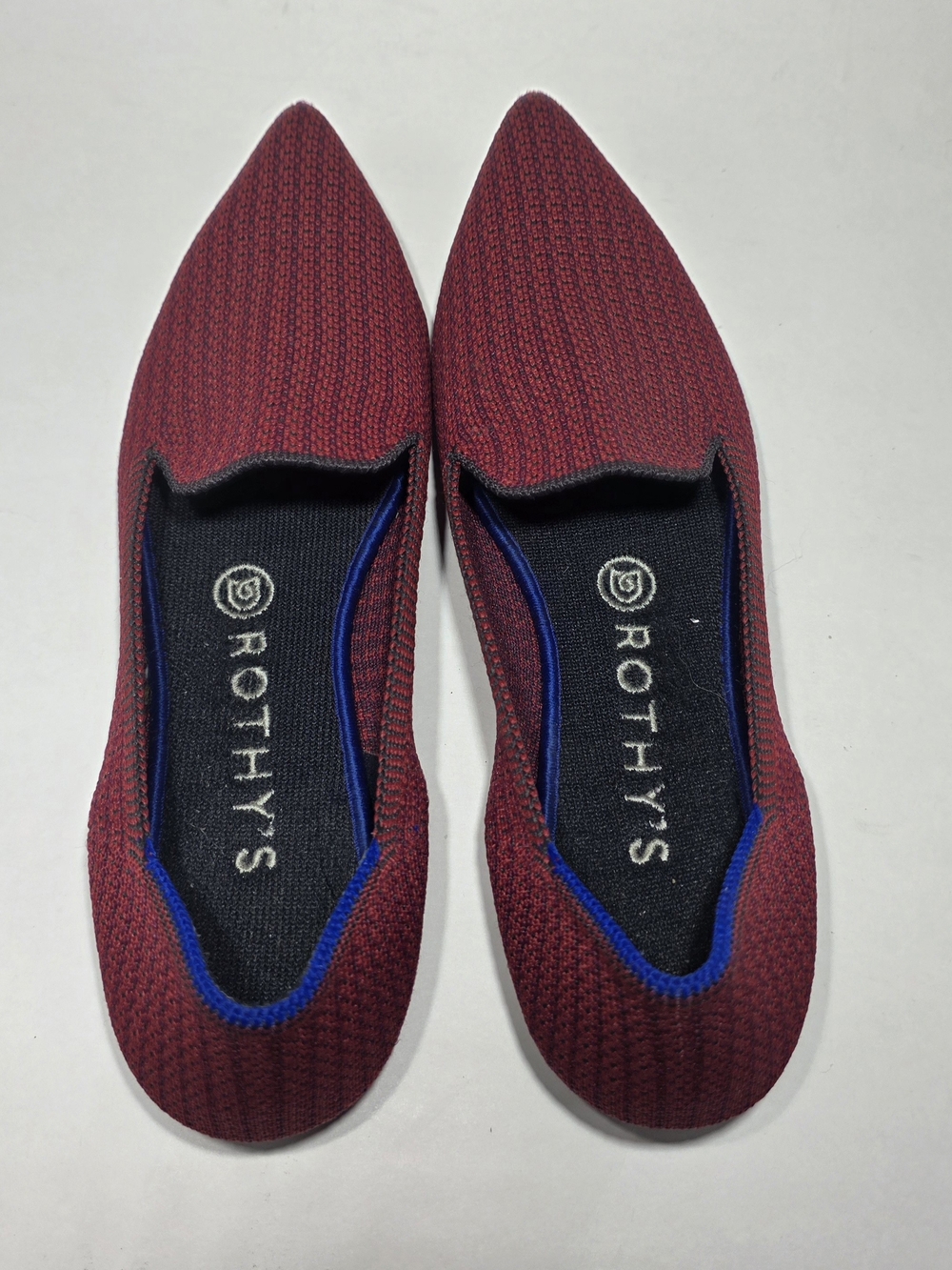 Rothy’s Women’s Size 8 Burgundy Red Knit Pointed Toe Flats Blue Trim